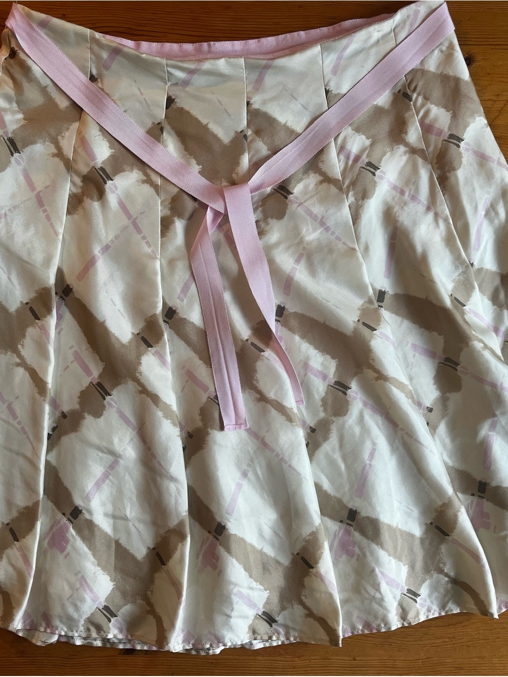 GAP Cream, Pink and brown plaid pleated A-Line Skirt with Pink Waist Tie